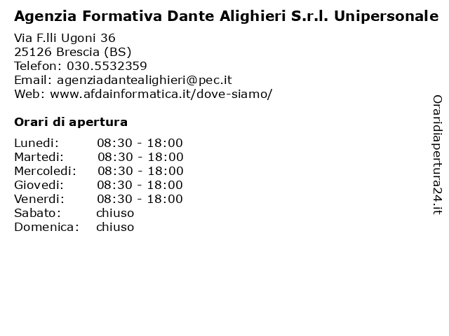 Orari di apertura Agenzia Formativa Dante Alighieri S.r.l